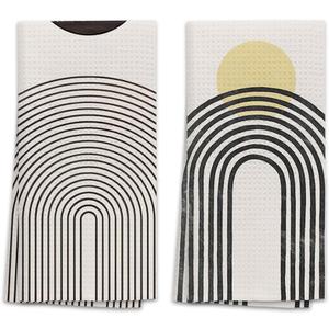 OHSUL Boho-Chic Sun Moon Line Rainbow Kitchen Towels Dish Towels Dish Cloth Set of 2,Bohemian Mid Century Modern Hand Towel Tea Towels for Bathroom Kitchen Decor(Yellow), 412JW