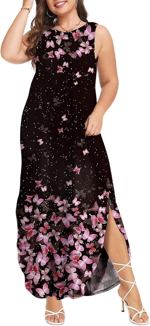 Wolddress Womens 2026 Plus Size Sleeveless Tank Dress Casual Loose Sundress Split Summer Beach Long Maxi Dresses with Pockets (Black, XL)