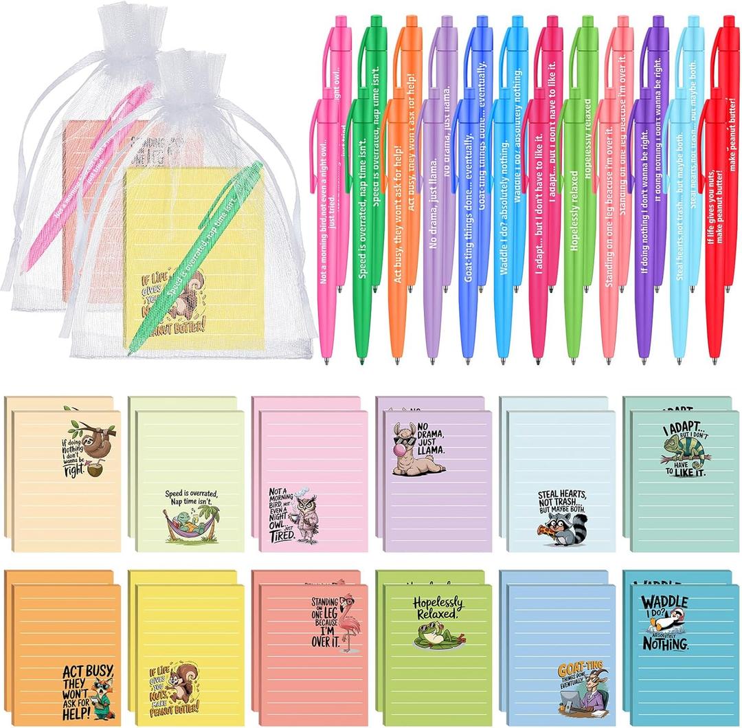 Eersida 24 Sets/48 Pcs Valentines Day Employee Appreciation Gifts Bulk Funny Animals Sticky Notes 30 Sheets of Each and 24 Pens with Organza Bags Back to School Gifts for Office Teacher Students