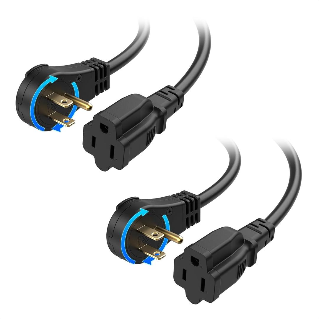 [ETL Listed] Cable Matters 2-Pack 16 AWG 360 Rotating Flat Plug Short Extension Cord - 1ft, 13A/1625W, Low Profile 3 Prong Power Extension Cords, NEMA 5-15P to NEMA 5-15R, Black