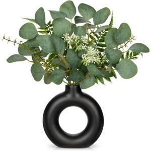 Artificial Eucalyptus Stems in Ceramic Vase 14.23" Fake Eucalyptus Plant Decor Black Donut Vase with Greenery Centerpiece Table Decorations Small Faux Green Plant for Home Farmhouse Wedding Table