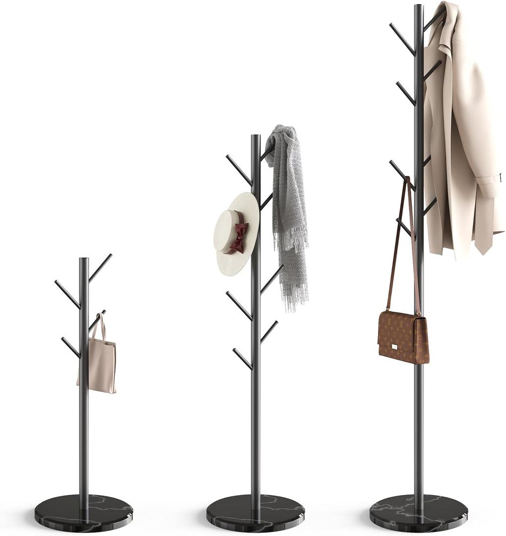 HzTinT Coat Rack with Natural Marble Base, Metal Freestanding Coat Rack with 8 Hooks, 3 Adjustable Size Sturdy Coat Tree for Bags, Coats, and Hats for Entryway, Hallway, Bedroom, Office, Black