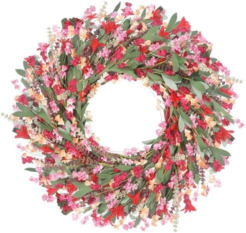 Lokeisna Spring Paper Wreath: 24” Red and Orange Wreaths with Paper and Fabric Flower,EVA Leaves,Flower Spike,All Seasons Wreath for Front Door,Living Room,Wedding Red