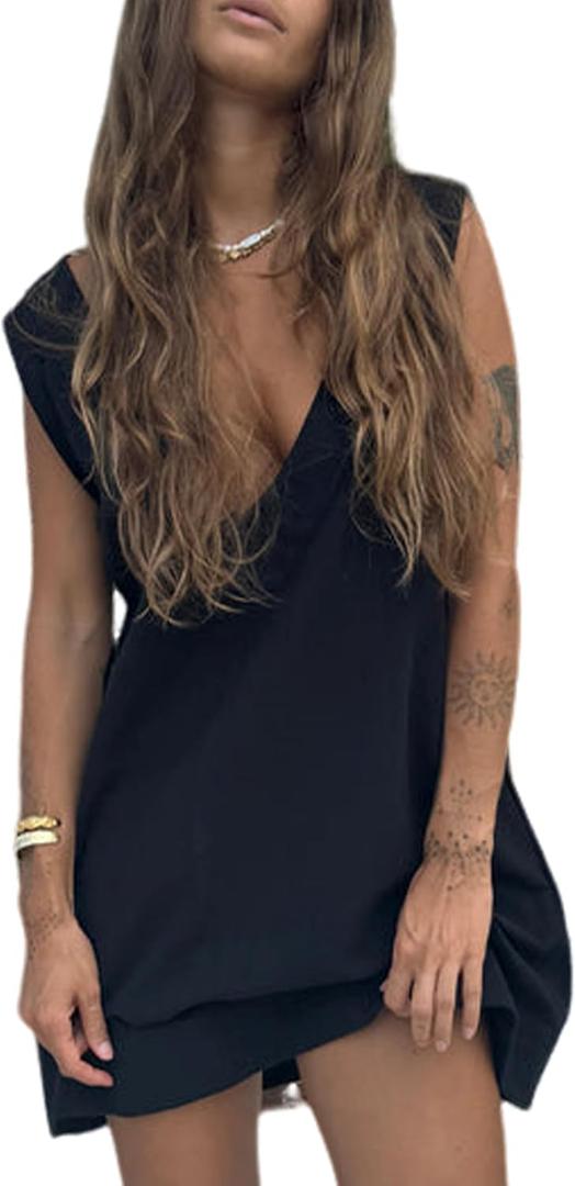 Lviefent Womens Linen Mini Dress Summer Low V Neck Sleeveless Beach Sunshine Cotton Linen Mini Dress (Medium, Black)