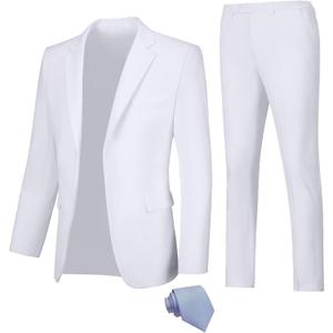 Men Suit Slim Fit 2 Piece Solid 2 Button Business Suits Blazer Wedding Prom Tuxedo for Men Suit Jacket Pants with Tie (XX-Large, White)