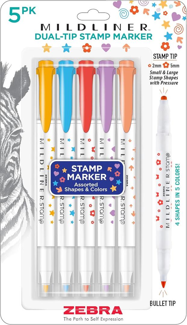 Zebra Pen Mildliner Dual-Tip Stamp Marker, Water-Based Pigment Ink, Bullet Tip on One Side & Assorted Shape Stamp Tips on the Other Side, Ideal for Journaling, Assorted Colors, 5-Pack (73305)