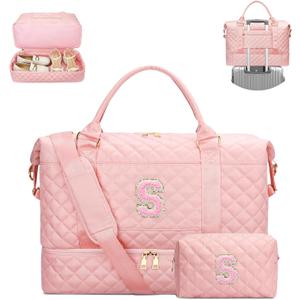Gifts for Women Girls Initial Travel Duffle Bag Quilted Weekender Carry-On Overnight with Cosmetic Bag, Gym Bag with Shoe Compartment, Pink S
