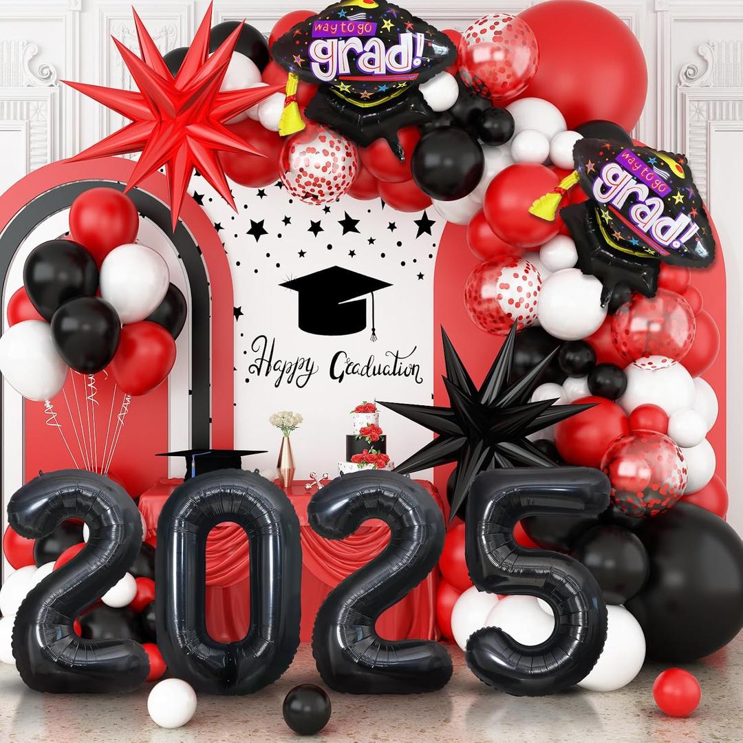 Graduation Balloons Garland Arch Kit, Graduation Balloons Class of 2025, Red Black and White Latex Balloon with Foil Balloon for Class of 2025 Party Decor