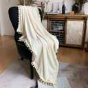 LOMAO Flannel Blanket with Pompom Fringe Lightweight Cozy Bed Blanket Soft Throw Blanket fit Couch Sofa Suitable for All Season(Ivory, 51''x 63'')
