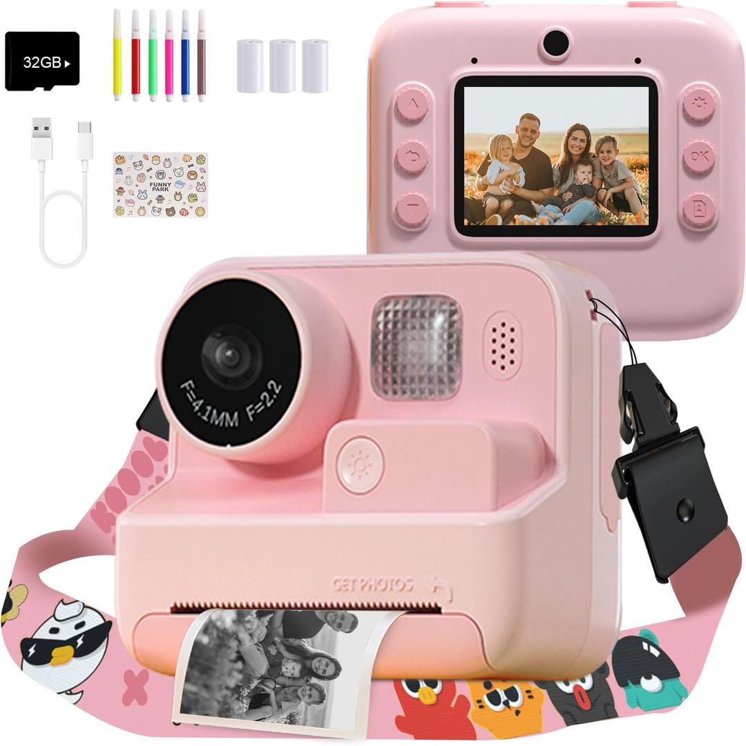 Mafiti Kids Camera Instant Print, 48MP Digital Camera Selfie 1080P Video with 32G TF Card, Toys Gifts for Girls Boys Aged 3-12 for Christmas/Birthday/Holiday (Pink) (Pink)
