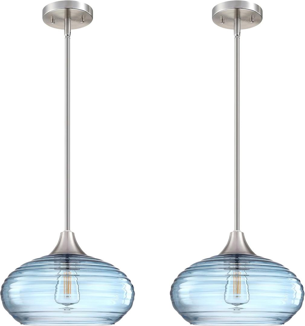 2 Pack 1 Light 10" Kitchen Island Hanging Pendant Light Farmhouse Dining Ancient Blue Glass Shade Light Fixture,with Brushed Nickel Finish for Bathroom,Over Sink