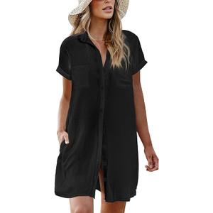 AI'MAGE Womens Bathing Suit Cover Ups Summer Shirt Dress Casual Short Sleeve Button Down Beach Shirts with Pockets (Medium)