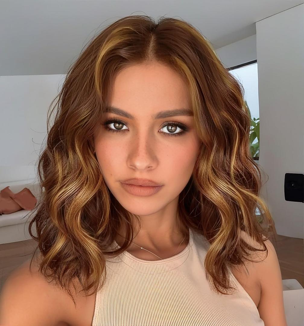134 Brown Highlight Wig for Women14Inch Brown Blonde Lace Hailine Wigs Middle Part Synthetic Lace Front Bob Wigs Synthetic Wig for Daily Party Use