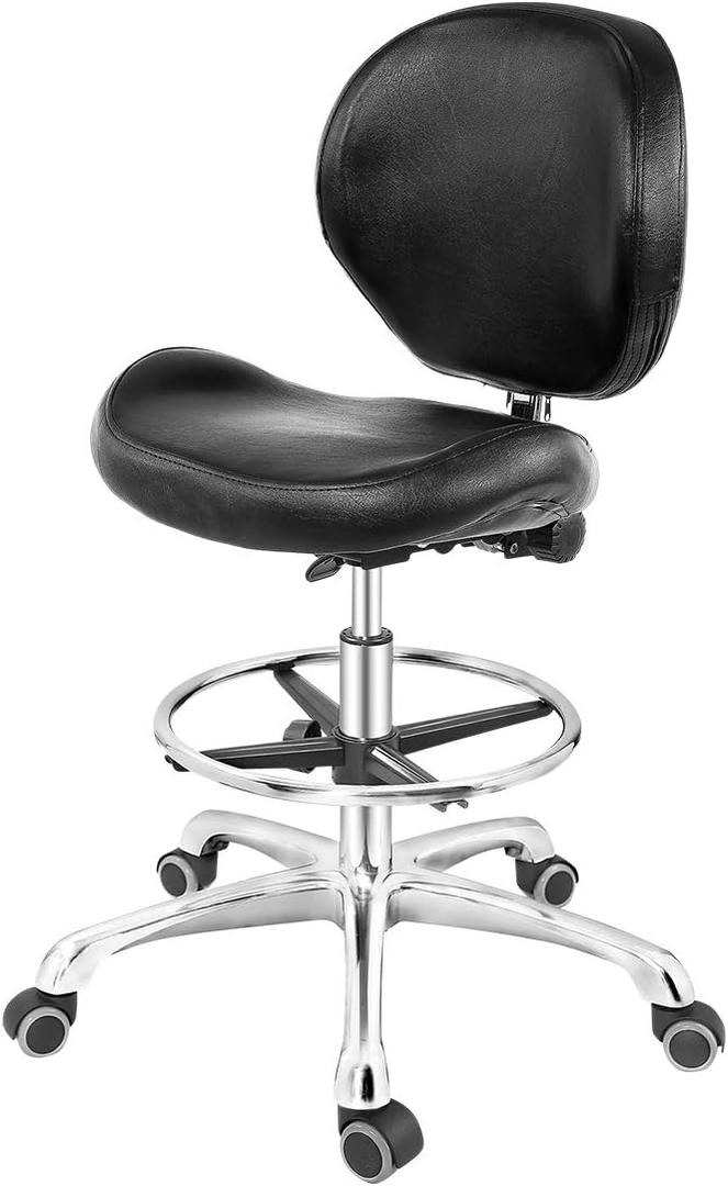 Grace&Grace Drafting Chair Adjustable Tall Shop Stool, Rolling Chair with Backrest and Footrest for Computer, Studio, Workshop, Classroom, Lab, Counter, Home Office (Black), 25D x 25W x 42H in