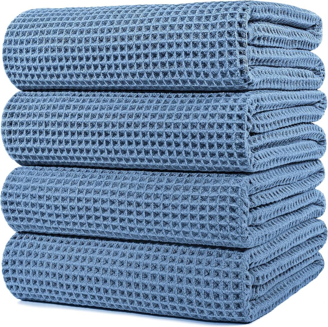 POLYTE Microfiber Oversize Quick Dry Lint Free Bath Towel, 60 x 30 in, 4 Pack (Waffle Weave) (Blue)