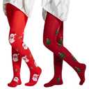 Aaronano 2 Pairs Girls Patterned Red Tights Christmas Holiday Stockings Kids Snowflake Printed Tights for Girls 4-10t (Christmas Leaf+Snowflake,Large)