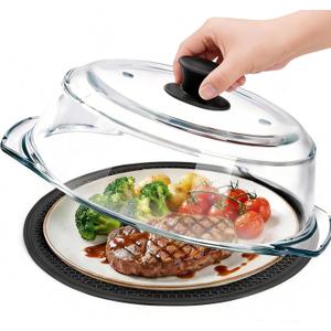 Glass Microwave Splatter Cover for Food with Microwave Place Mat - Sturdy Plate Guard Lid with Vent Holes and Easy-Grip Silicone Handle - BPA Free, Dishwasher Safe (Black)