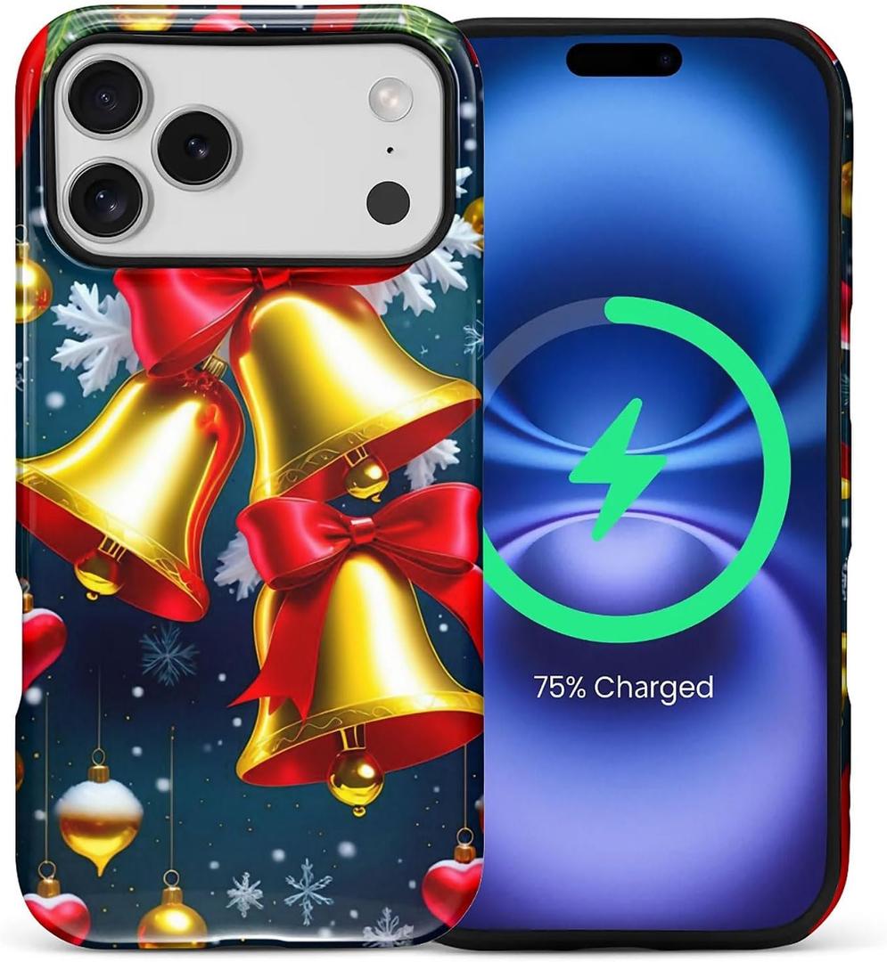 for iPhone 17 Pro Max Case,Campatible with Magsafe,Featuring A Mixed Double-Layer Protective Matte Shell Design with Glossy Patterns,Christmas Shining Golden Bell.