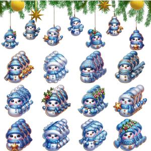 36Pcs 12-Design 3.14-Inch Christmas Blue Adorable Snowman Wooden Ornaments with Hemp Rope