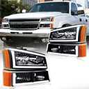 LED DRL Headlight, Compatible with 2003-2006 Chevy Silverado 1500 2500 3500/2003-2006 Avalanche, Headlights Assembly Kit without Factory Cladding Models Black Housing Amber Reflector