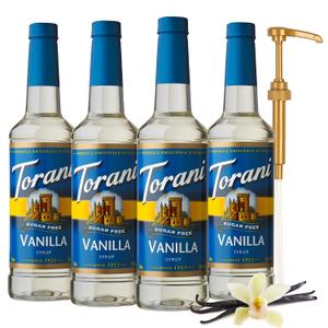 Torani Sugar Free Vanilla Flavored Drink Syrup with Pump, 25.4 fl oz (Pack of 4) (EXP 05/05/28)