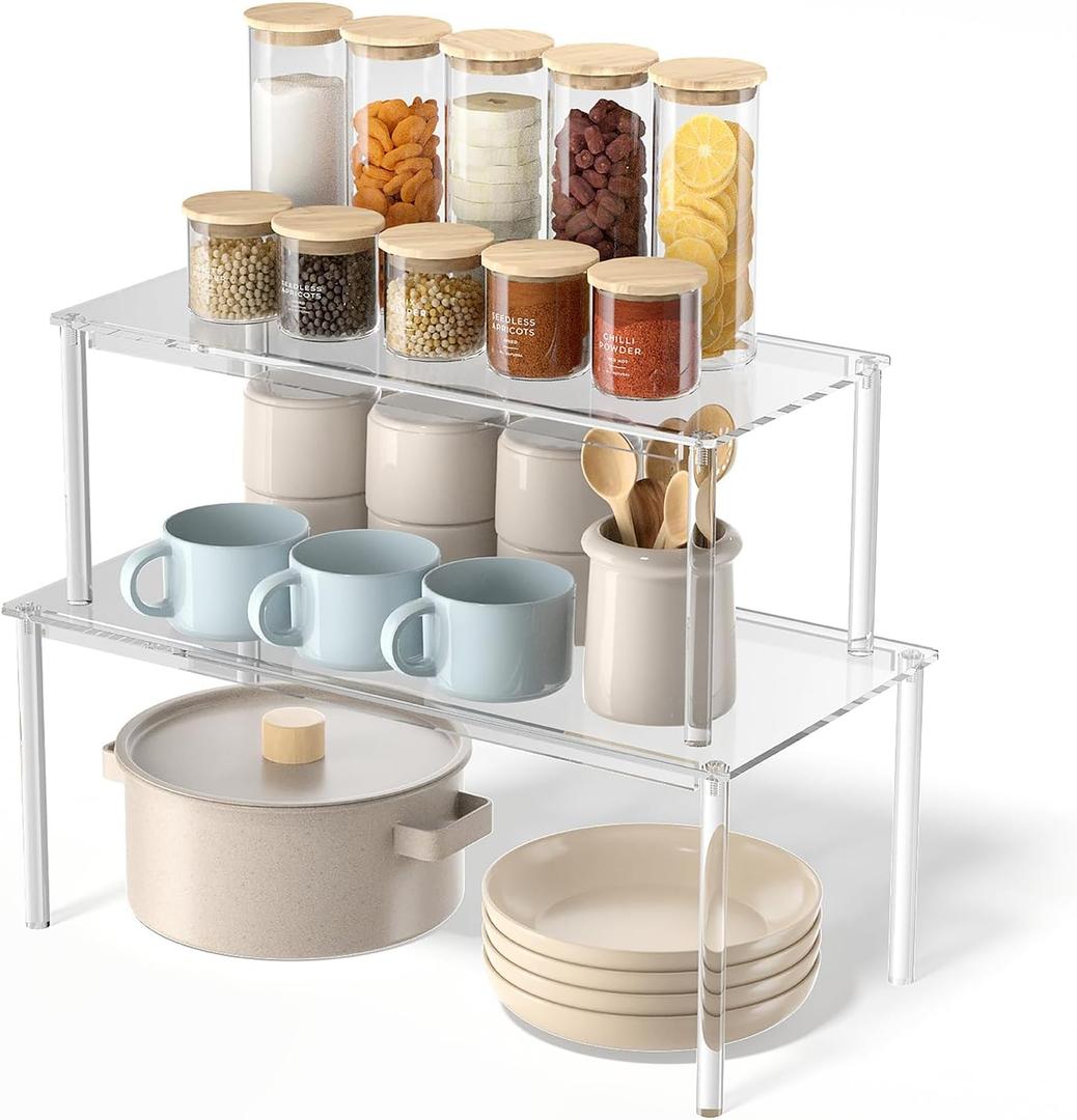 Cabinet Organizer Shelf, Acrylic 15.7'' Large Kitchen Counter Shelf, 2 Set Spice Rack Organizer for Cabinet, Kitchen Pantry Organizer and Storage for Stackable, Expandable