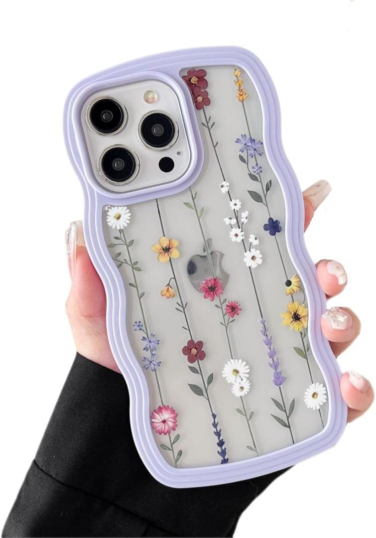 ZTOFERA Floral Case for iPhone 14 Pro Max 6.7 inch,Cute Curly Wave Frame Shape Case with Branch Flower Pattern for Women Girls, Clear Slim Shockproof Phone Cover for iPhone 14 Pro Max, Purple