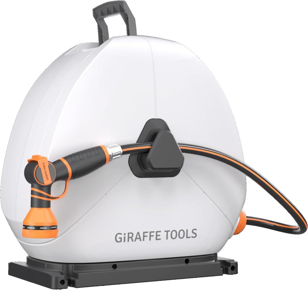Giraffe Tools Retractable Heavy Duty Hose Reel, 5/8" x 92FT Automatic Rewind Garden Hose Reel with 360 Swivel Base, Ground Mounted for Lawn, Patio, Concrete Floor & Yard Watering