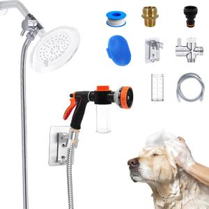 Dog Shower Attachment Water Hose Nozzle Sprayer Set with Metal 3-Way Shower Diverter & 6.6 Ft Long Hose for Bathroom Shower Arm Easy Indoor Outdoor Pet Pup Dog Washing Hose attachment (2m/79inches Hose, Silver)