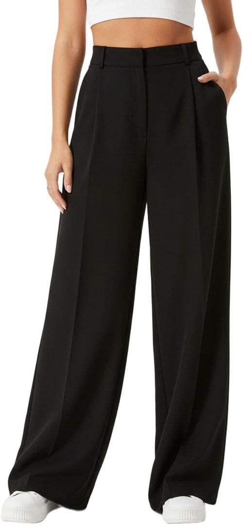 Women's Wide Leg High Waist Loose Palazzo Office Dress Pants with Pockets Work for Women Business Casual (Black)