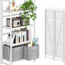4NM No Assembly Folding Bookshelf Storage Shelves 4 Tiers Vintage Bookcase Standing Racks Study Organizer Home Office (All White)