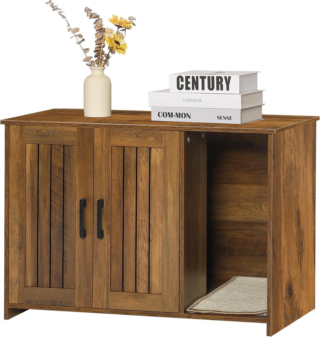 DWANTON Litter Box Enclosure, Cat Litter Box Furniture Hidden, with Scratching Mat, Wooden Cat Washroom Indoor, 31.5" L x 19.7" W x 21.7" H, Warm Brown