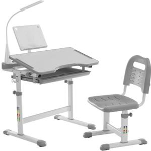 Diroan Kids Functional Desk and Chair Set, Ergonomic Height Adjustable Children School Study Desk with Tilt Desktop, Book Stand, LED Light, Metal Hook and Storage Drawer for Boys Girls(Grey), Large
