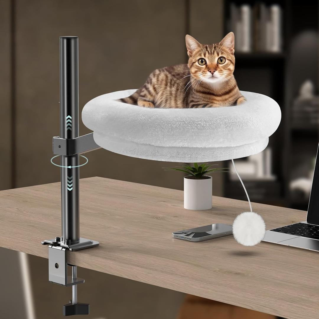 Cat Desk Bed, Pet Cats Desk Nest Round Hammock, 360 Rotation & Height Adjustable, Comfortable Washable Soft Pad for Kitten, Metal Frame for Table Mounted, Pet Furniture
