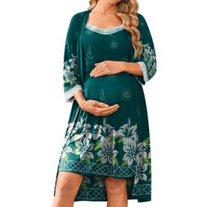Ekouaer Women Lace Maternity Nursing Gown and 3/4 Sleeve Robe Set Double Layer Breastfeeding Nightgown Slip Dress & Bathrobe (Large, Lake Green Floral)