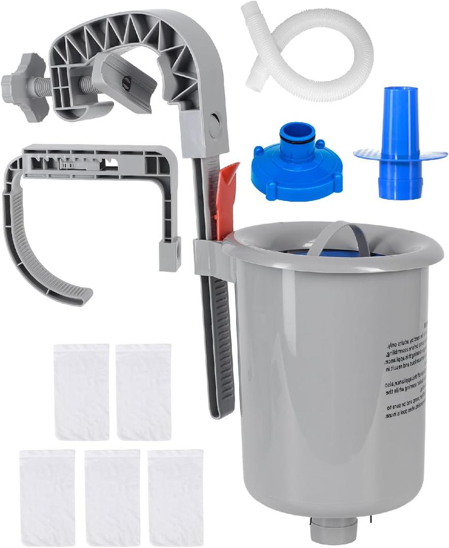 Above Ground Pool Skimmer with 5 Skimmer Socks, Wall Mount Surface Skimmer with Hose & Basket, Compatible with Intex Pools, Adjustable Floating Filter, Automatically Removes Leaves & Debris