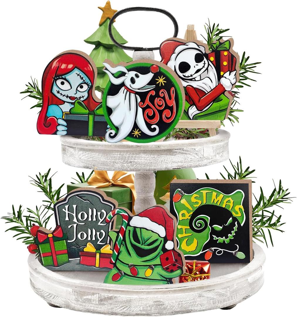 Christmas Tiered Tray Decor, Xmas Jack Monster Tray Decorations Set, Sally Ghost Tombstone Winter Wooden Signs, Funny Holiday Farmhouse Rustic Home Decor for Table Shelf Party
