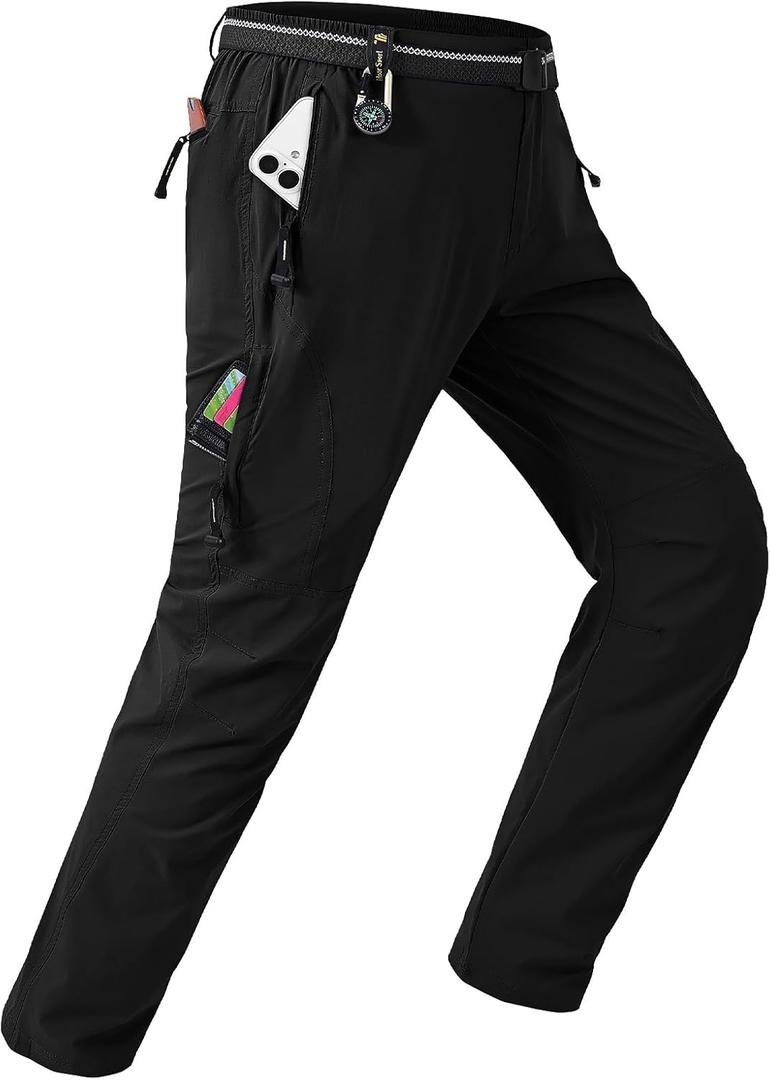 TBMPOY Men's Lightweight Hiking Pants with Belt 5 Zip Pockets Waterproof Quick-Dry Travel Fishing Work Outdoor Pants, US L