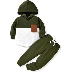 Toddler Boy Fall Winter Clothes Waffle Hooded Sweatshirt Tops Pant Outfit Color Block Long Sleeve Clothing (3-4T, Army Green)