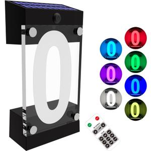 Acrylics Solar Address Sign, Led Illuminated Solar House Numbers for Outside, Waterproof RGBW Color Changing Remote Control, Lighted Modern Address Plaque Solar Powered for Yard Home (Digit 0)