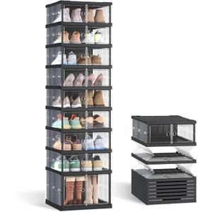 SONGMICS Foldable Shoe Storage Organizer for Closet, Stackable Sneaker Cabinet with Magnetic Door, Large Plastic Container Bins for Entryway, 9-Tier for 18 Pairs, Transparent and Ink Black ULSP918BH01