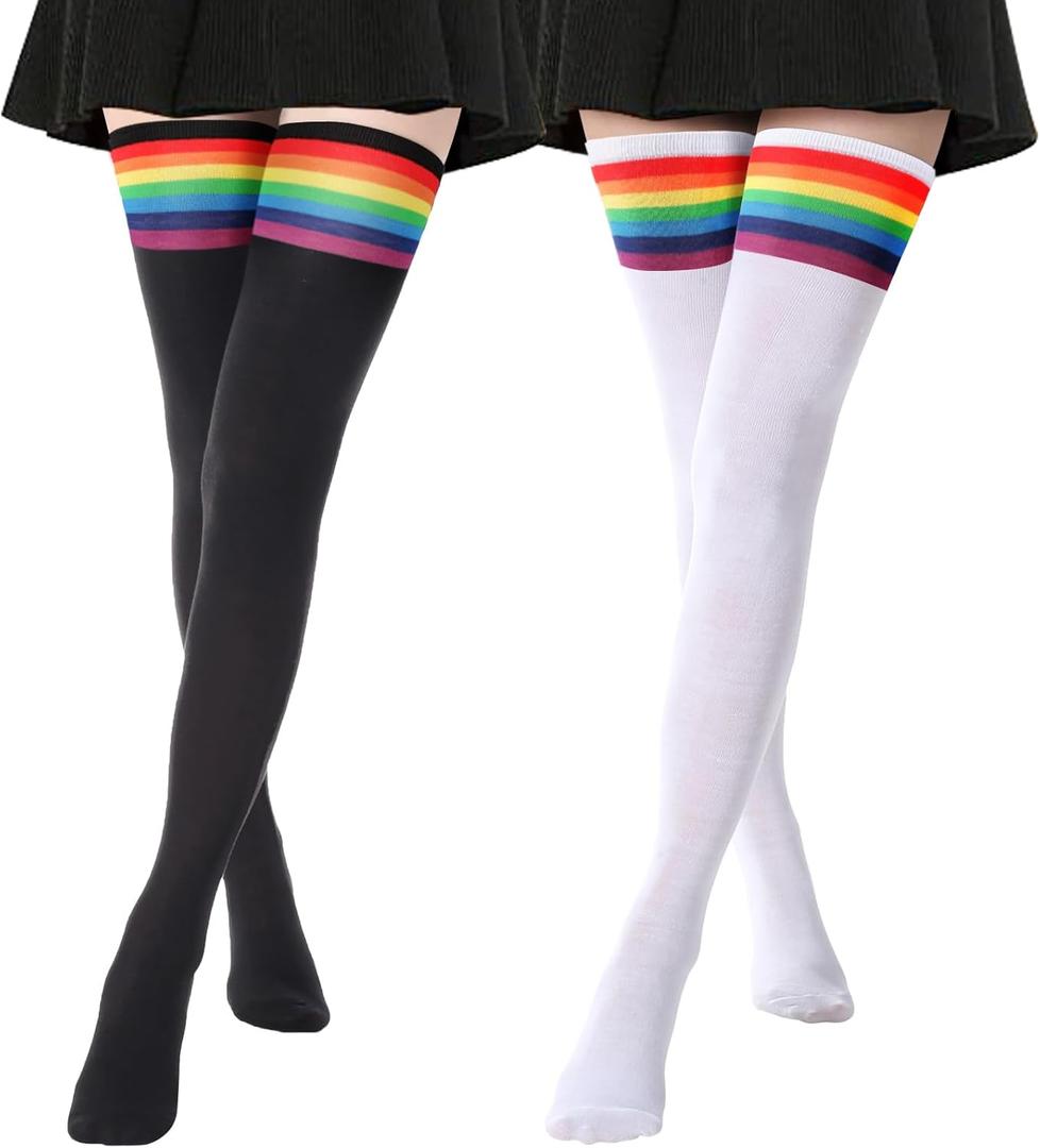 DRESHOW Extra Long High Thigh Socks Striped Over Knee Thin Tights Long Stocking (2 Pairs Rainbow Stripe: White, Black)