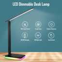 LED Desk Lamp with RGB Atmosphere Light, 5W USB Output, 5 Color Temp, Slide Steplessly Adjust Brightness, Touch Control, Foldable Table Light with Adapter (Black)