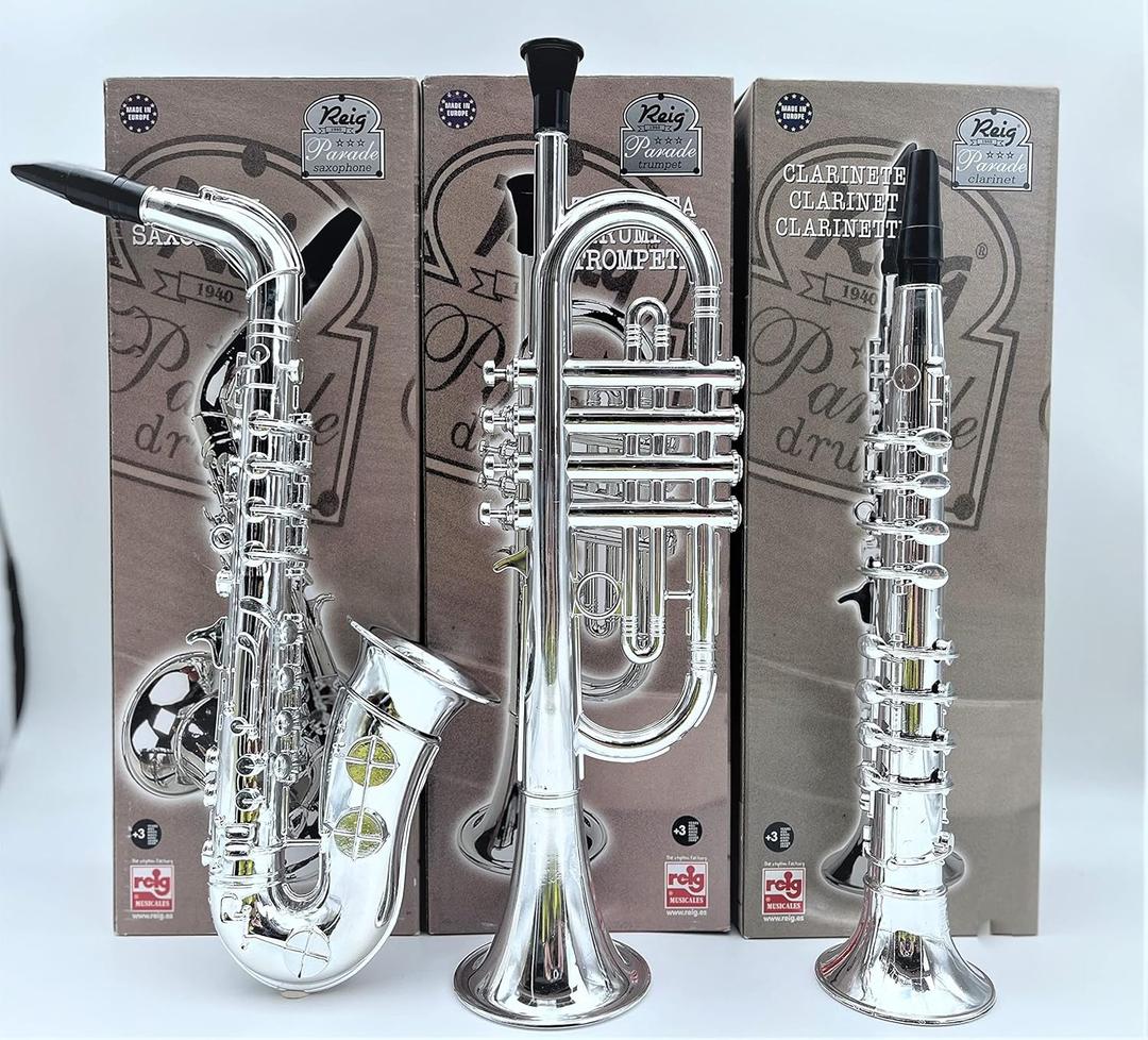 Toy Instruments Set Trumpet, Saxophone and Clarient with Standard Keys in Perfect Pitch are Easy and intuitive to Create Real Music. Instruments Measures 16 inches in Length, Silver