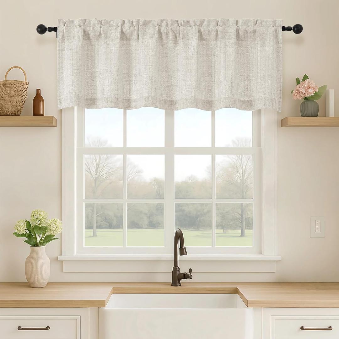 OVZME Natural Valance for Windows, Light Filtering Faux Linen Textured Small Short Valance Kitchen Curtain, Dual Rod Pocket Top Short Window Curtain for Bathroom Basement Farmhouse, 1 Piece, 60Wx16L