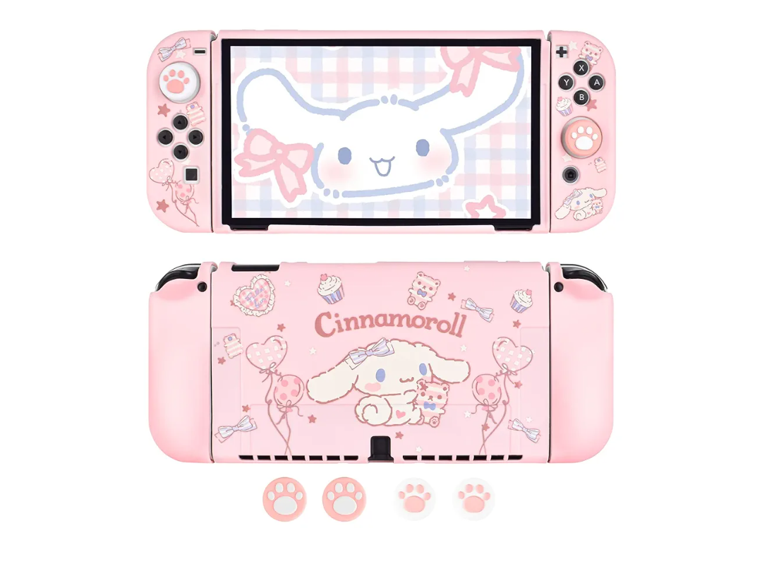 DLseego Cute Dog Switch OLED Protective Case Silicone Soft Cover Shockproof Pink Skin Joy Con Shell with 4PCS Cat Claw Thumb Grips Caps