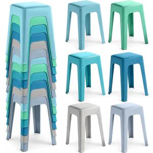 TURSTIN 12 Pieces Classroom Stools with Leather Pad Seats 18 Inch Plastic Stools Portable Backless Bar Chairs Flexible Seating Decorative Stool for Classroom Office Home School, Teal Multi Color