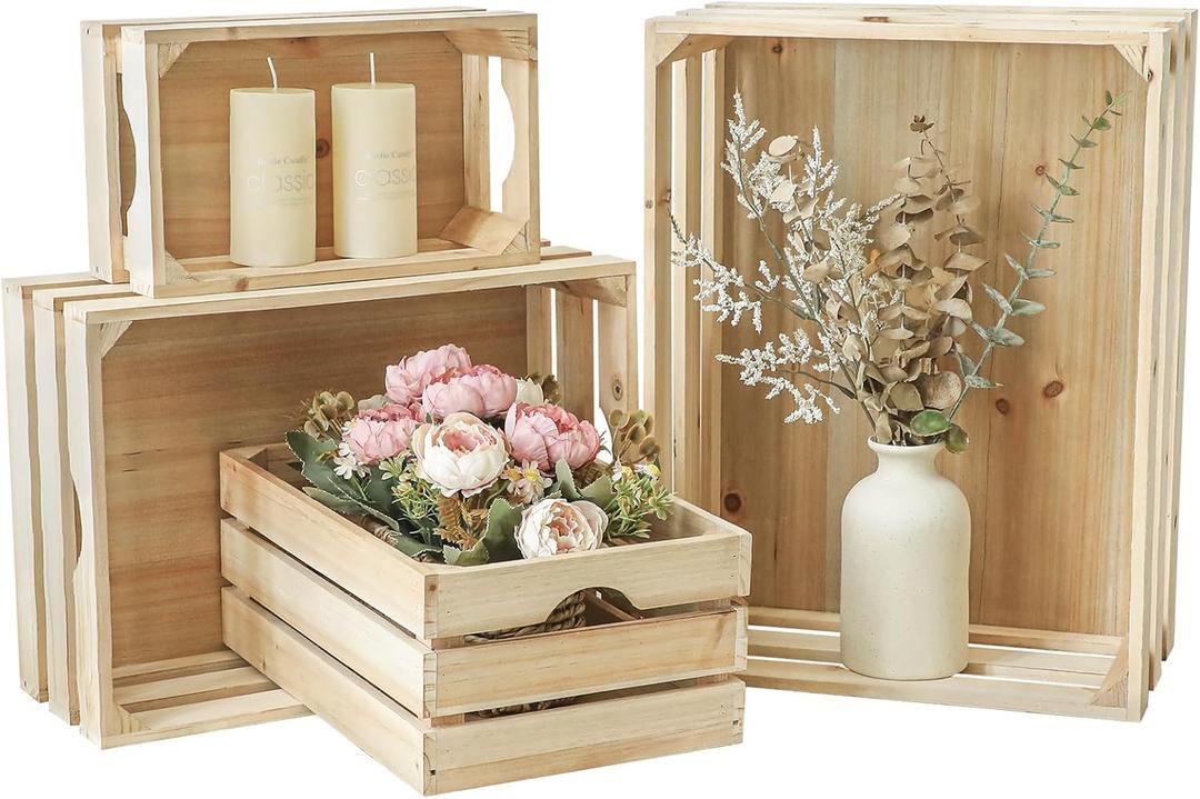 Large Wooden Crates Unfinished Set of 4 Storage Crates, Decorative Wood Storage Crate for Display Rustic, Nesting Wooden Container Boxes Made from 100% Wood (Natural)