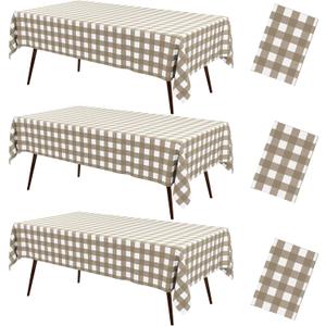 misaya 3 Packs Buffalo Disposable Table Cloth, 54 x 108 Inch Waterproof Plastic Tablecloth, Rectangle Khaki and White Checkered Table Covers for Picnic, Birthday, Party