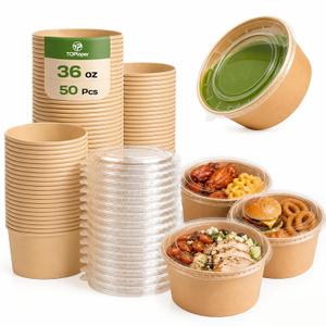 36Oz 50Pcs Large Paper Bowls with Lids, Disposable Soup Serving Bowls Bulk Party Supplies for Hot/Cold Food, Soup (36 OZ)